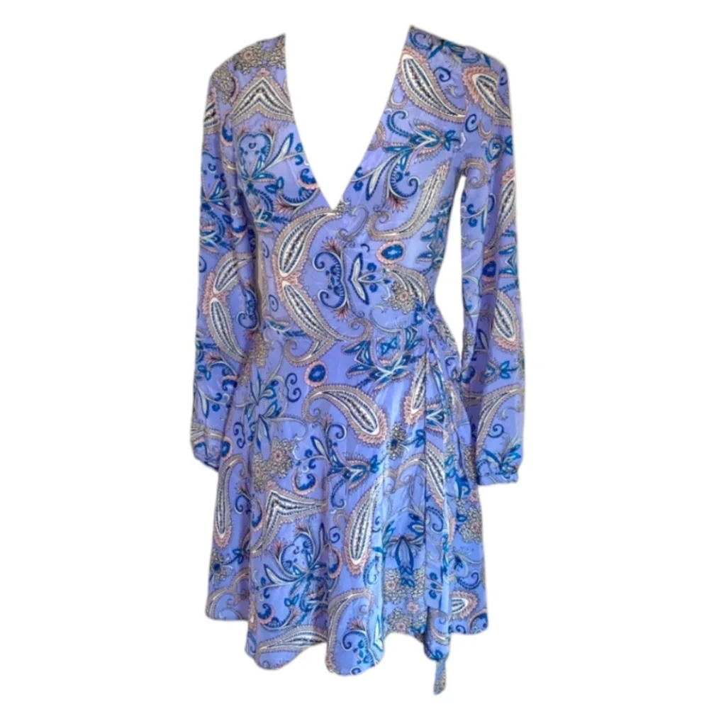 YUMI KIM Paisley Wrap Dress Silk Lavender Purple Pink Black Gold L 8 10 - Picture 10 of 11